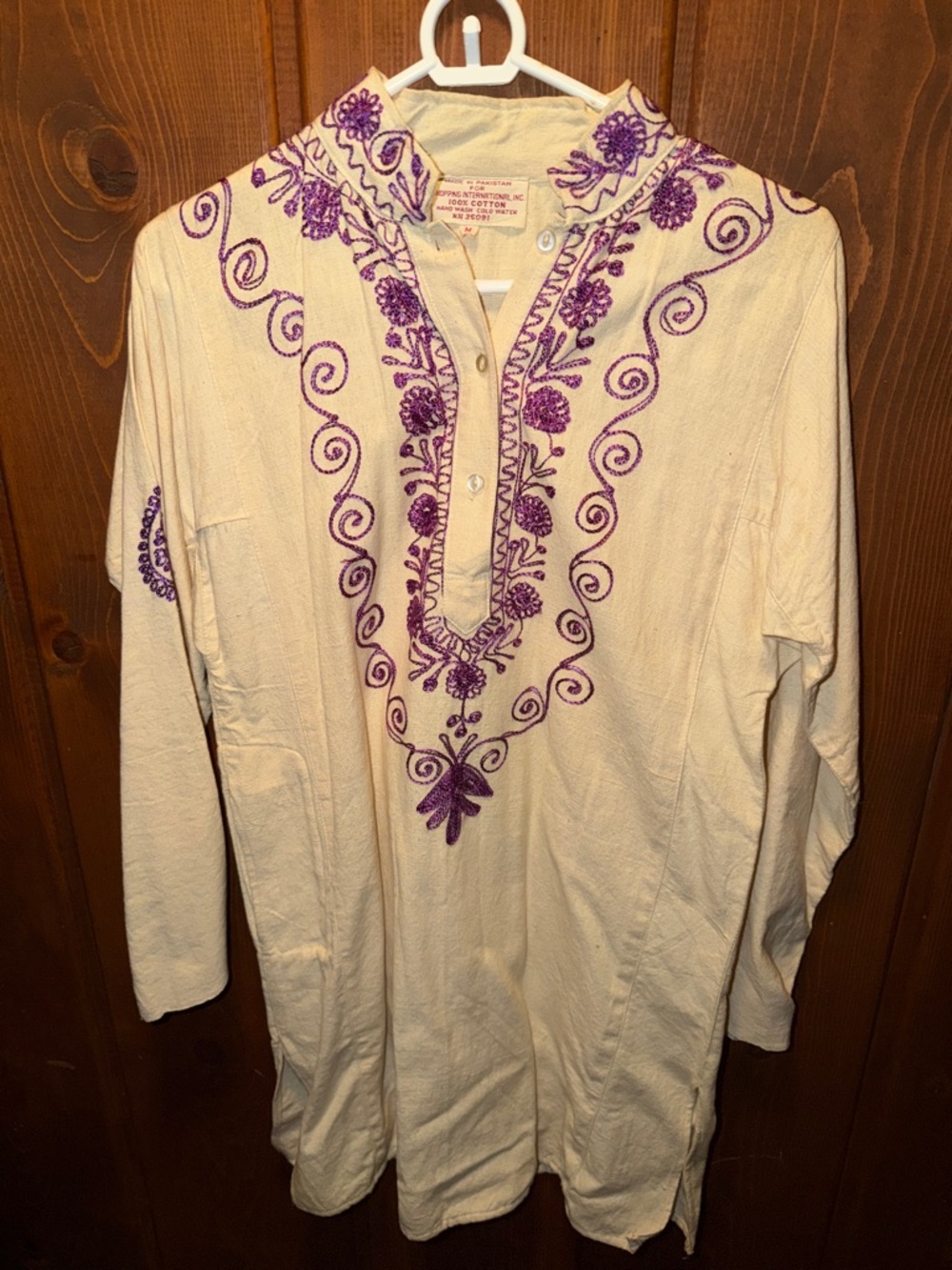 Vintage Embroidered Ivory Tunic with Purple Detailing
